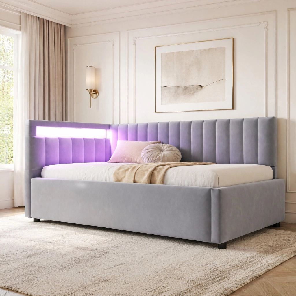 LETTO Contenitore 90x200 cm Grigio in velluto con LED