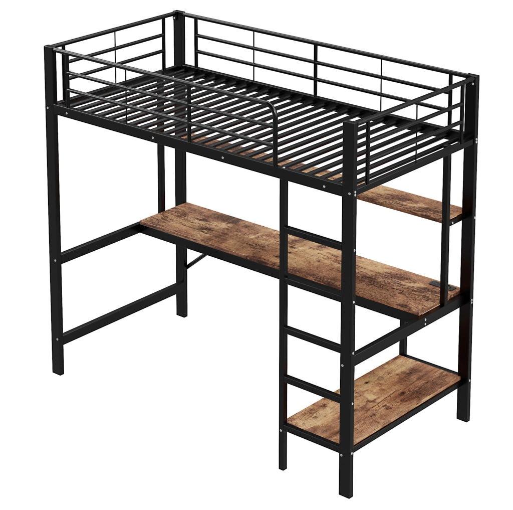 Letto a soppalco 90x200 cm con scrivania; mensole; USB e presa; metallo e MDF nero
