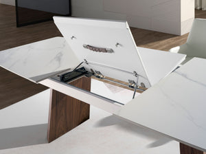 Tavolo da pranzo allungabile barile ovale marmo porcellanato e noce