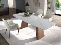 Tavolo da pranzo allungabile barile ovale marmo porcellanato e noce