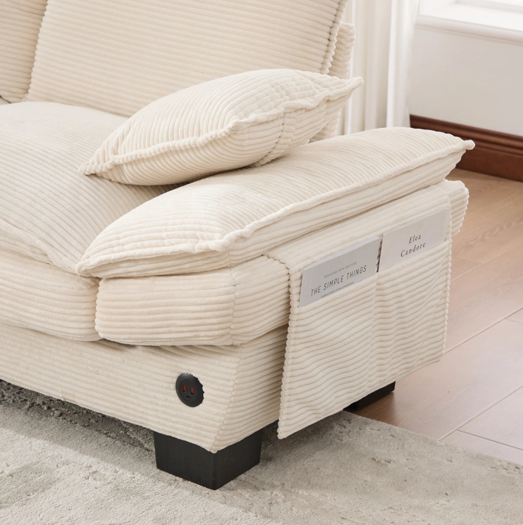 Divano modulare 3 posti con pouf contenitore in corduroy beige; 260 cm; con USB-C