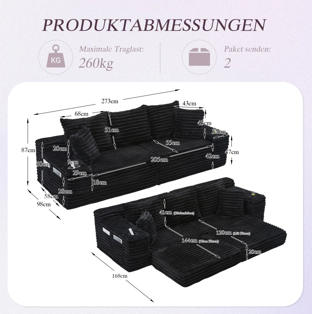 Divano letto componibile 273x98 cm in velluto a coste nero HOMVRA