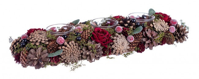 Portacandele Triplo Mary Rettangolare Naturale con Rosa e Pigna (4 Pezzi)