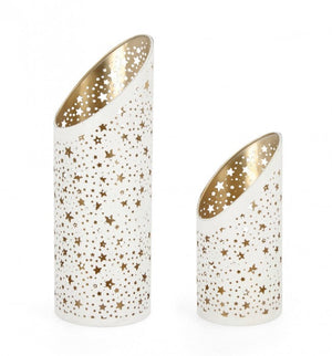 Set di 2 Portacandele Amaltea Cilindrico Bianco e Oro (3 Pezzi)