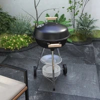 Barbecue a Carbonella con Griglia in Acciaio, Coperchio e Prese d'Aria e Ruote, Nero