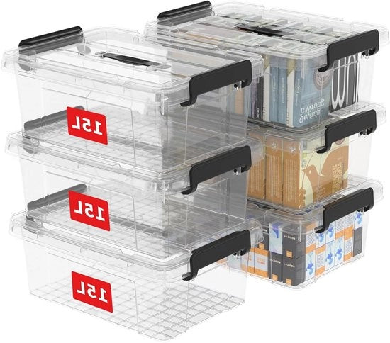 Cassetta di archiviazione 15 x 6 pezzi cassetta di plastica con coperchi contenitore organizzatore con maniglia e fermi di sicurezza con chiusura a scatto stivabile, nestabile, borsa da trasporto per abbigliamento da lavoro