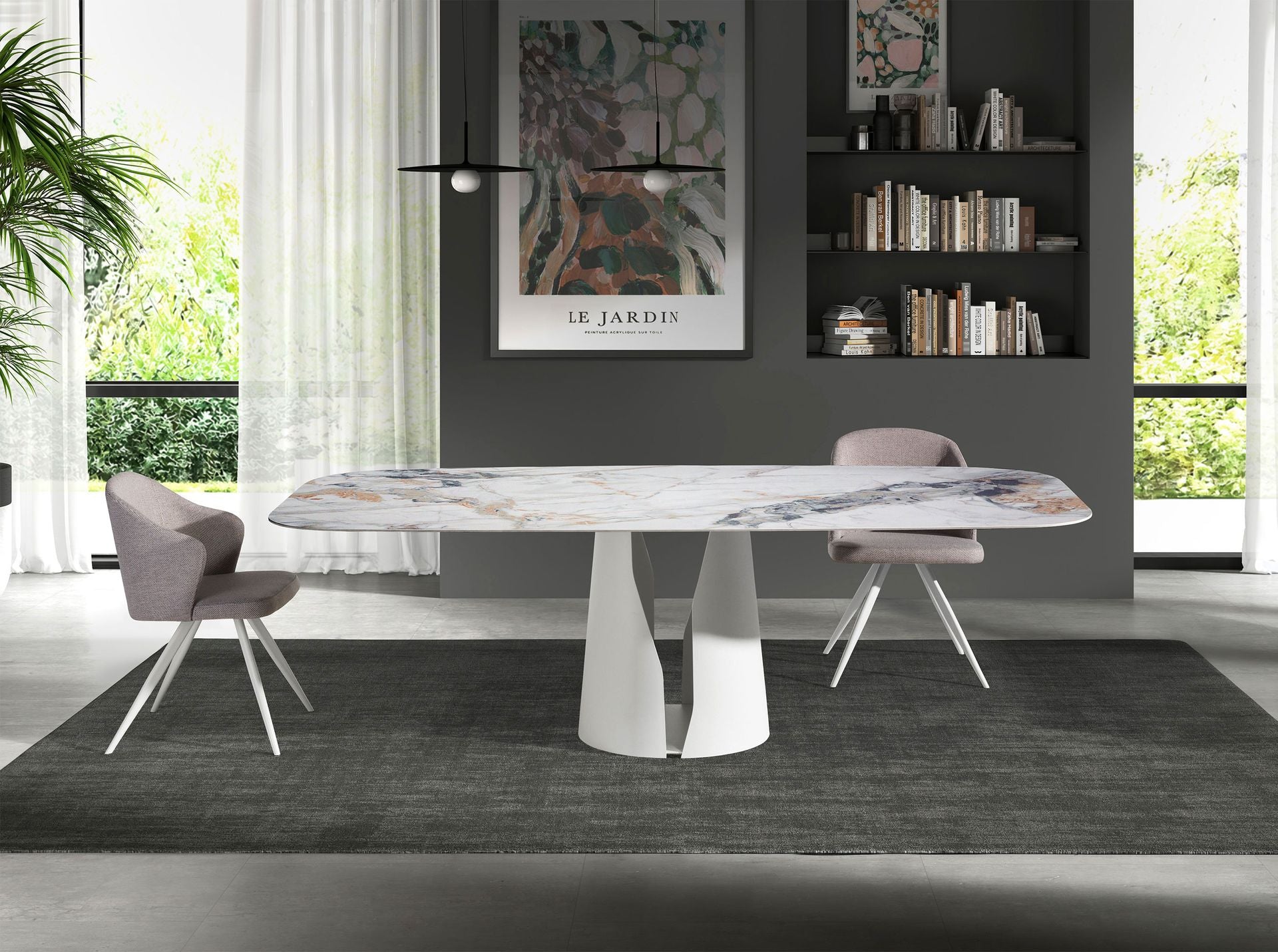 Tavolo da pranzo barile ovale marmo porcellanato e acciaio bianco