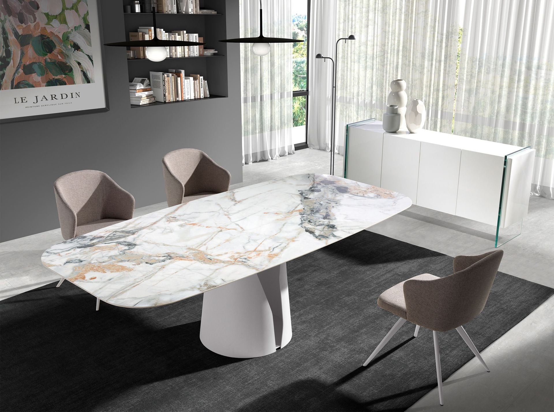 Tavolo da pranzo barile ovale marmo porcellanato e acciaio bianco