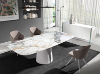 Tavolo da pranzo barile ovale marmo porcellanato e acciaio bianco