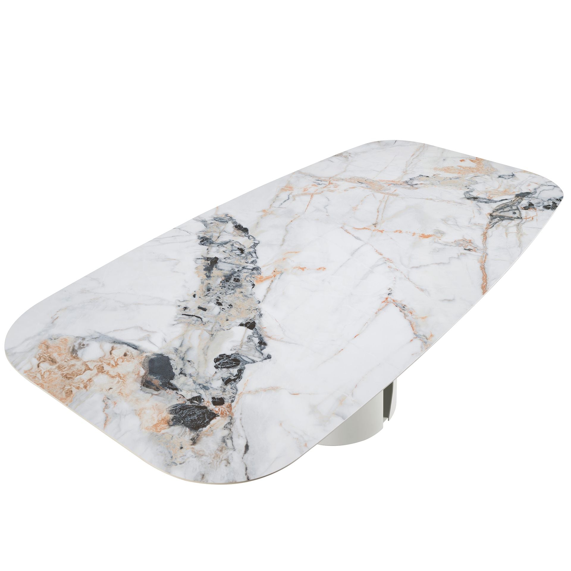 Tavolo da pranzo barile ovale marmo porcellanato e acciaio bianco