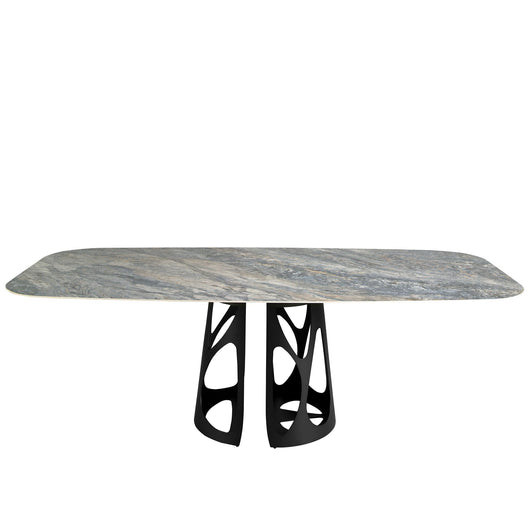 Tavolo da pranzo barile ovale marmo porcellanato e acciaio nero