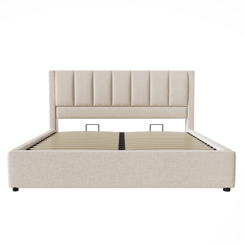 Letto imbottito-Xylo-160x200cm doppio porta-bicchiere USB idraulico lino beige con materasso