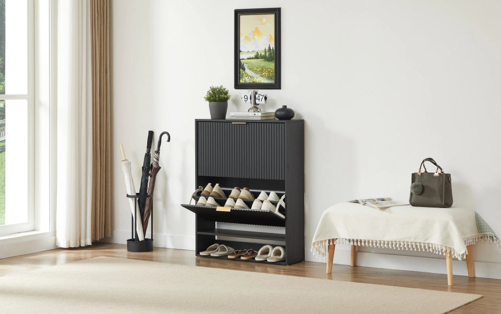 Scarpiera 80x24x102 cm in MDF nero con frontale scanalato， per ingresso