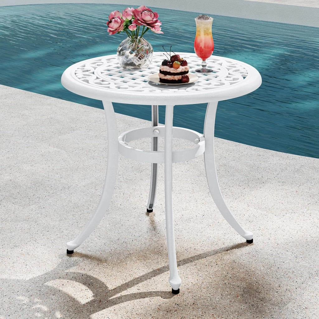 Tavolo da giardino resistente alle intemperie, in alluminio pressofuso, rotondo, con piedini regolabili, 60 x 60 x 53 cm, per giardino, Bianco