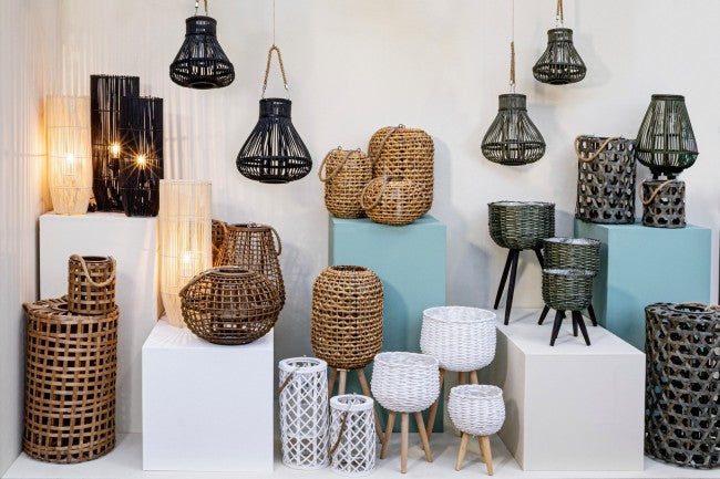 Set 2 Lanterne Treppiede in Rattan Marrone Boho da Interno - ALEXANDER