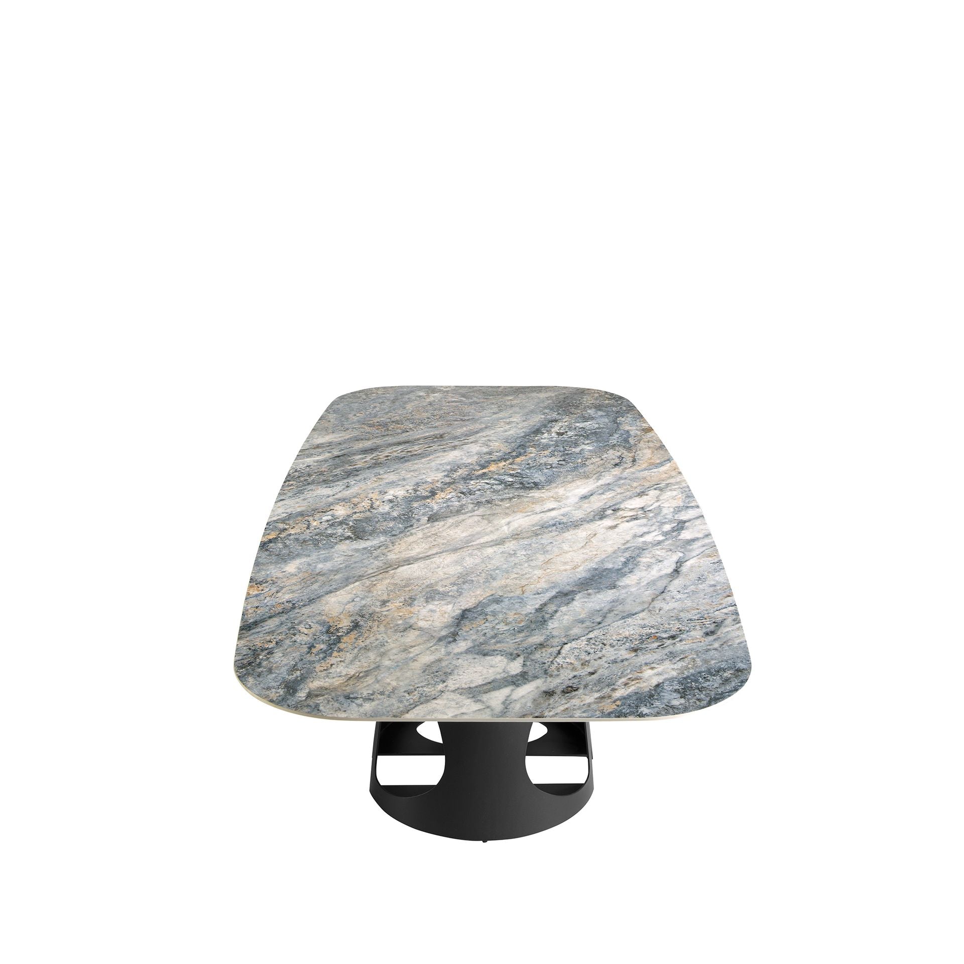 Tavolo da pranzo barile ovale marmo porcellanato e acciaio nero