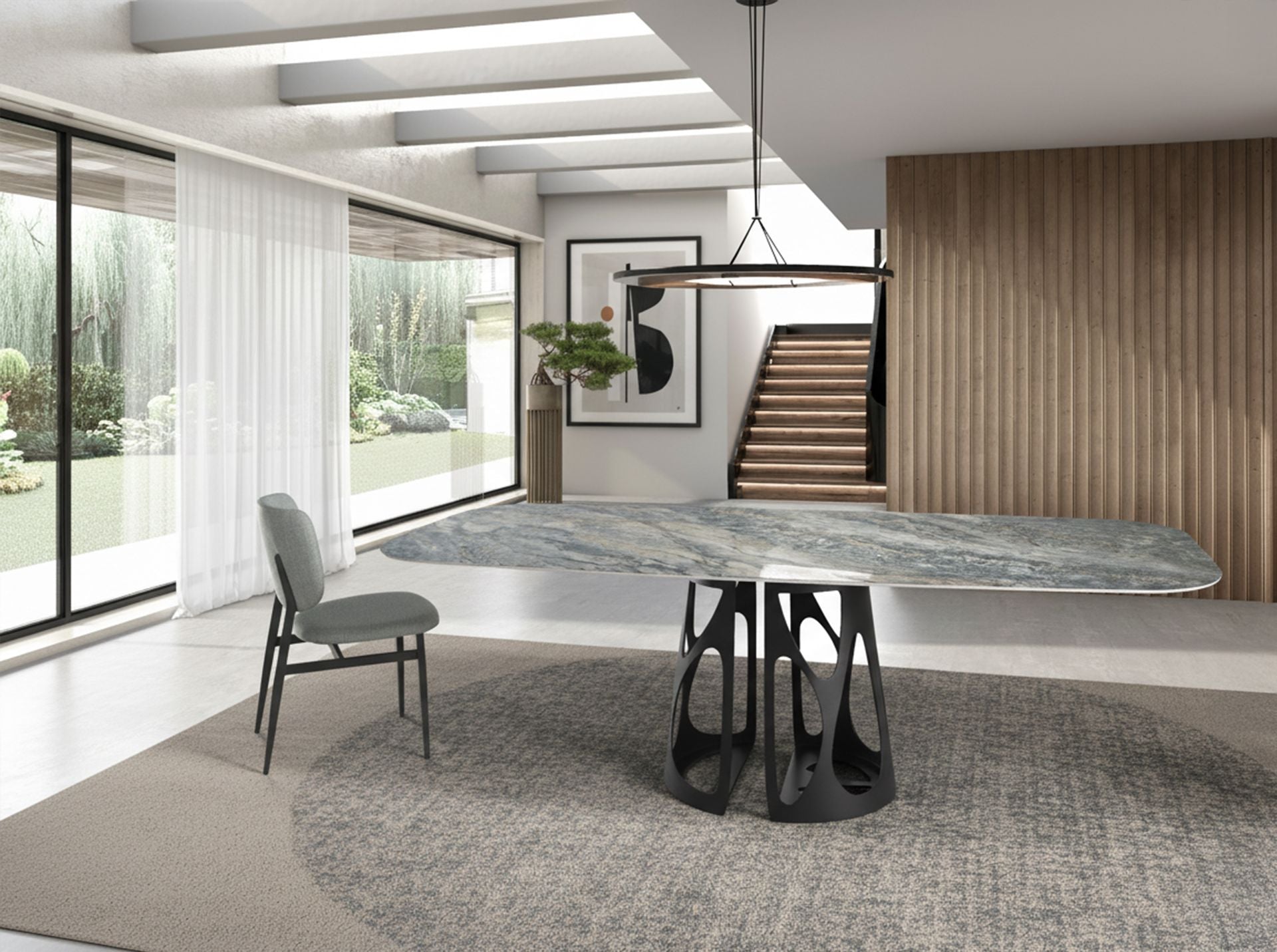 Tavolo da pranzo barile ovale marmo porcellanato e acciaio nero