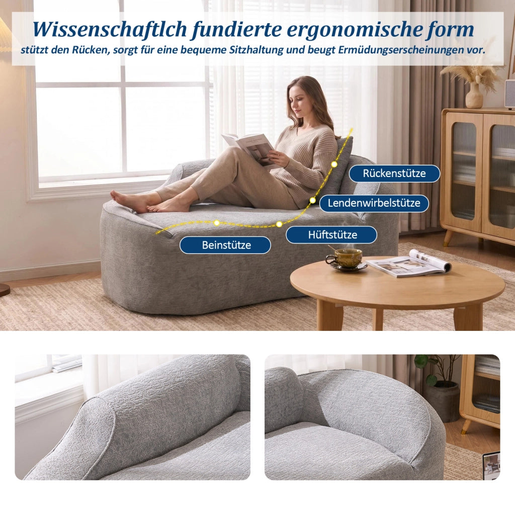 Chaise longue 2 posti - con seduta profonda e cuscino - in ciniglia e schiuma - grigio chiaro