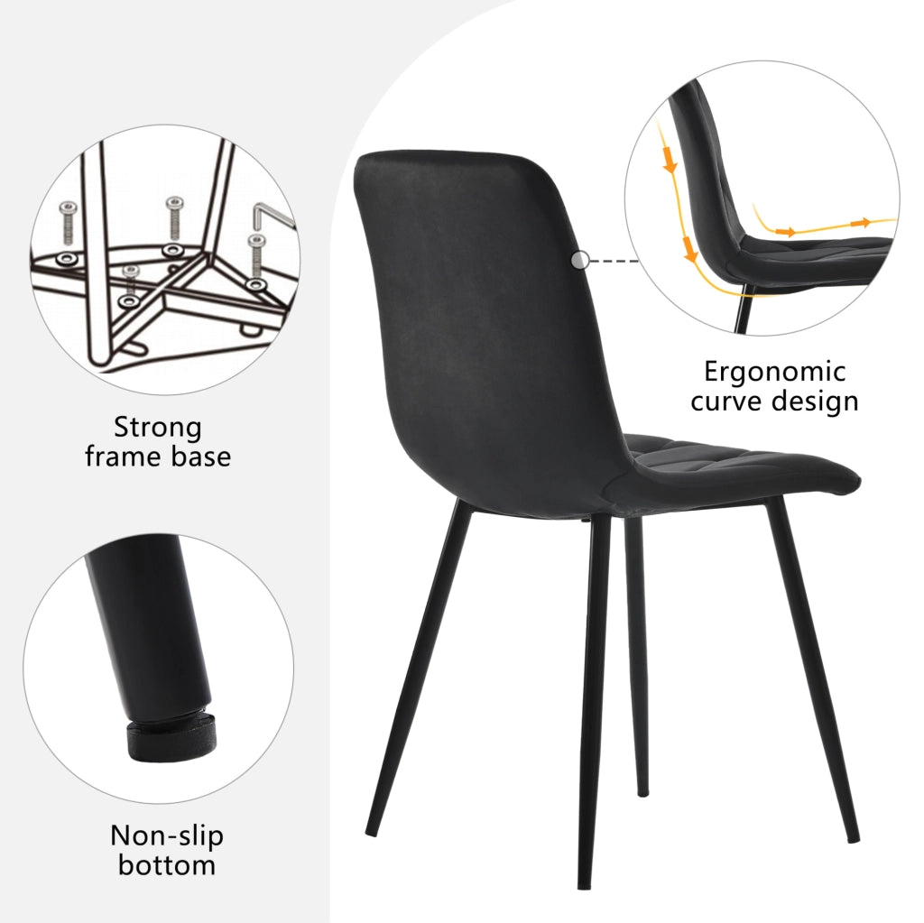 Set di 4 sedie da pranzo in velluto nero con gambe in metallo e schienale imbottito