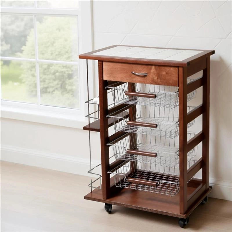 CARRELLO VESUVIO CON CASSETTO+PORTABOTTIGLIE NOCE IN FAGGIO BASE MULTISTRATO DI BETULLA 1 CASSETTO 4 CESTELLI PIANO MATTONELLE IN CERAMICA