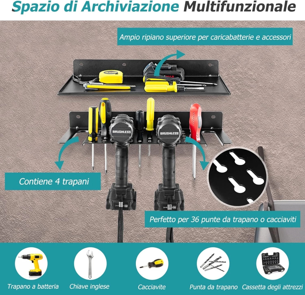 Scaffale per Trapano Elettrico, Supporto a Parete per Trapano e Mensola Sospesa, Pannello Forato Portautensili per Garage, Officina e Magazzino