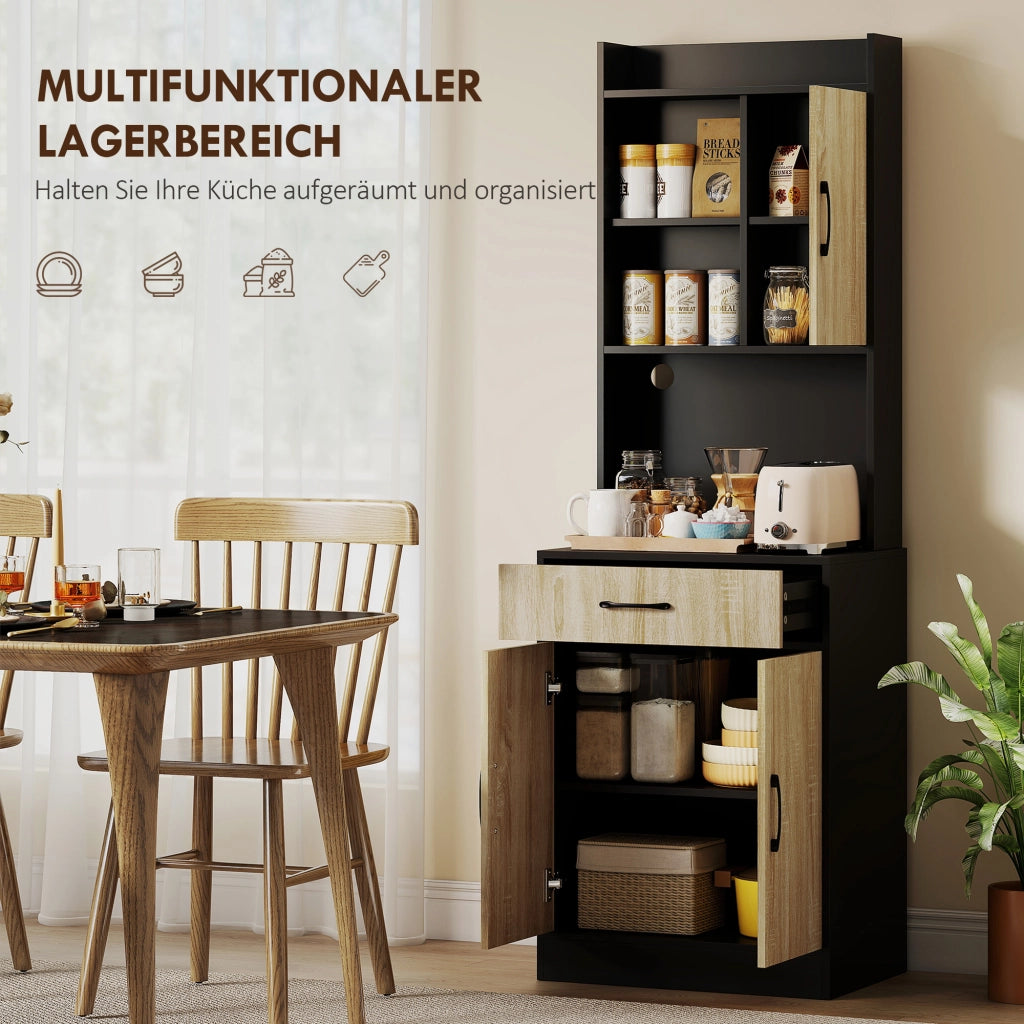 Mobile da cucina con piano di lavoro e passacavi ¨C Xylo ¨C con cassetto e 3 ripiani aperti, legno naturale e nero
