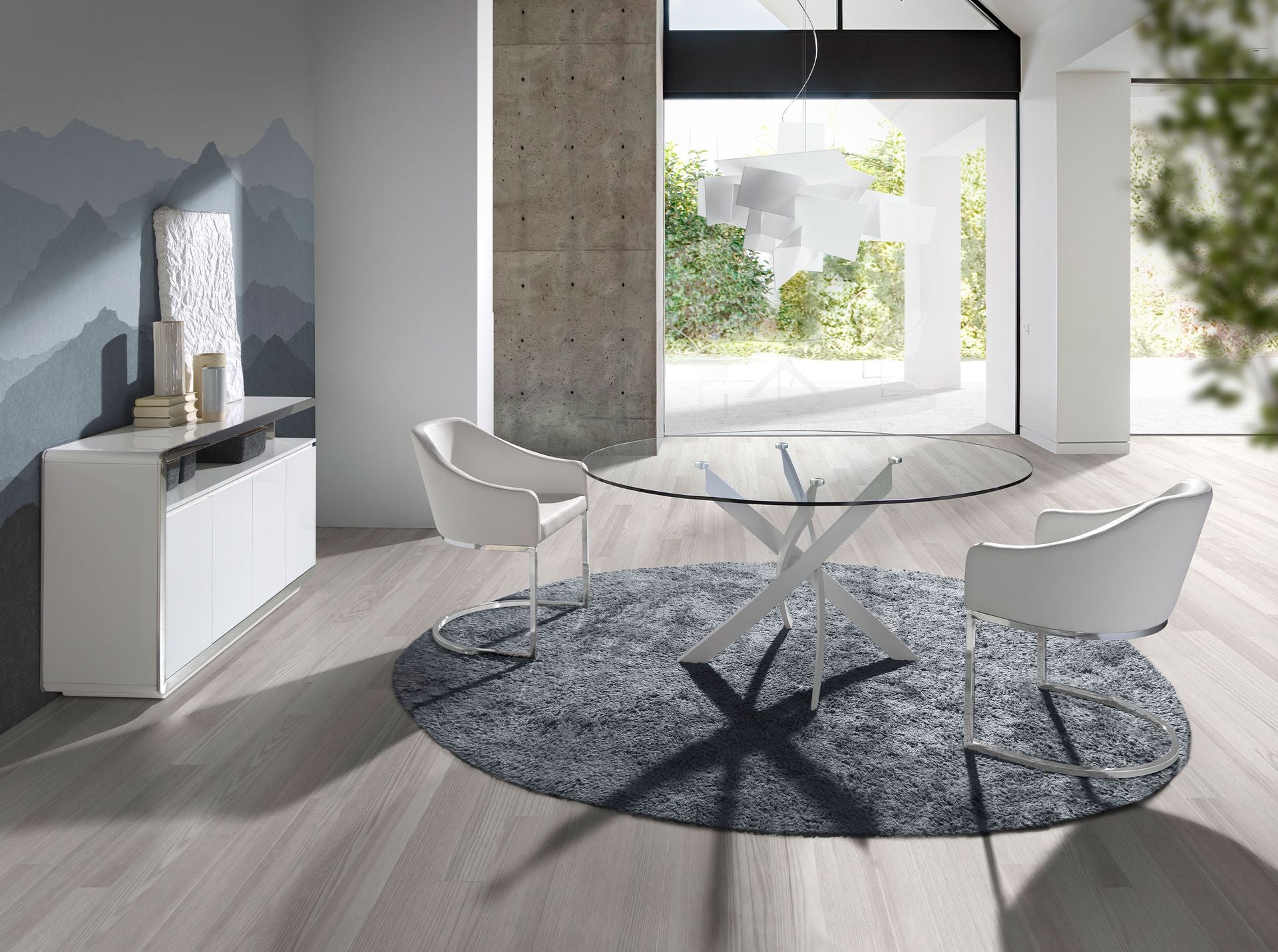 Tavolo da pranzo rotonda vetro temperato e acciaio bianco