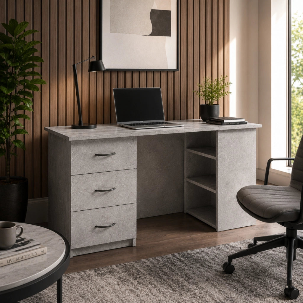 Scrivania Per Studio Con 3 Cassetti E 3 Vani A Giorno Scrittoio In MDF Resistente Dallo Stile Minimal Per Ufficio Cameretta E Smart Working 120 x 49 x 72 Cm Grigio Cemento