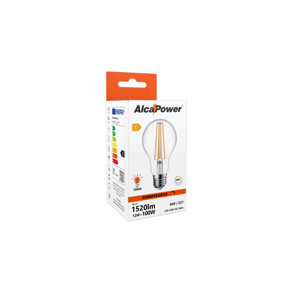 Alcapower Lampadina LED Classica Dimmerabile 12W E27 1520lm 3000K Luce Calda - Efficienza Energetica Classe E per Illuminazione Domestica Avanzata