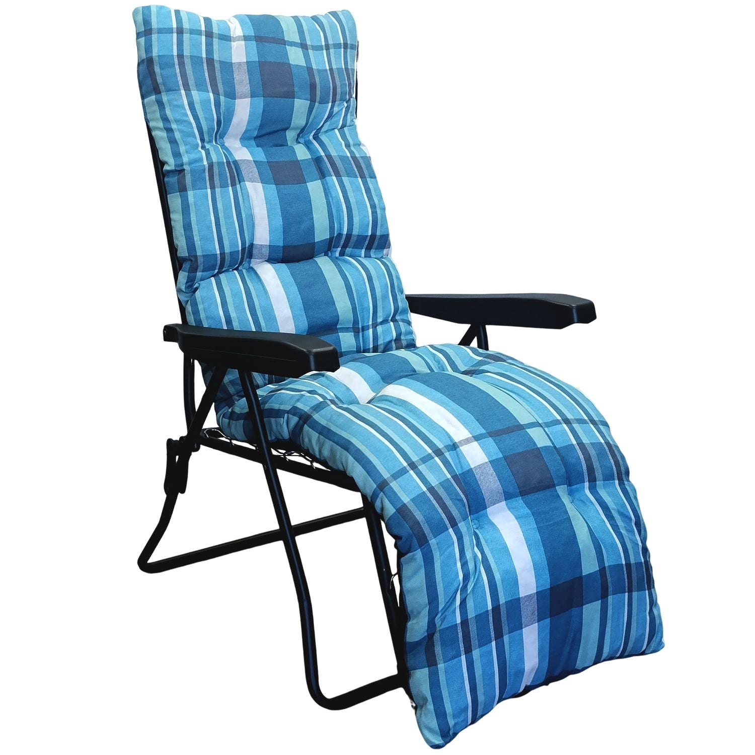 Marvin Sdraio da Giardino con Poggiapiedi Reclinabile Regolabile in 6 Posizioni Flock Poltrona con Cusc AZZURRO SCOZZESE