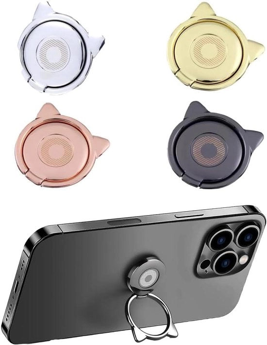 Set di 4 Orecchini per Telefono con Rotazione 360° e Anello Universale Metallico Autoadesivo in Forma di Gatto con Attacco