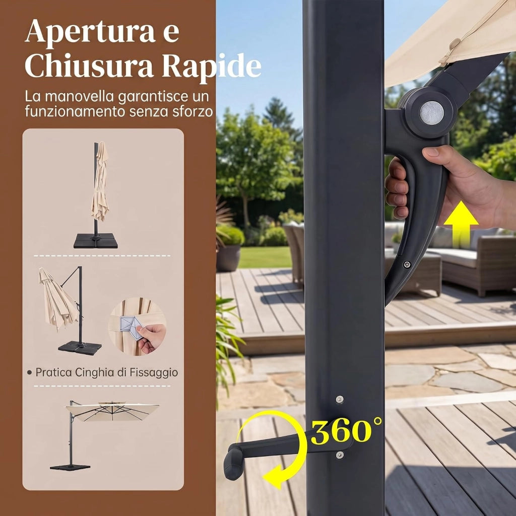 Ombrellone da Giardino 300 cm con Base a Croce, Ombrellone da Esterno Quadrato con Manovella, Rotazione 360°, 8 Stecche Metalliche Resistenti, per Balcone, Terrazzo e Piscina
