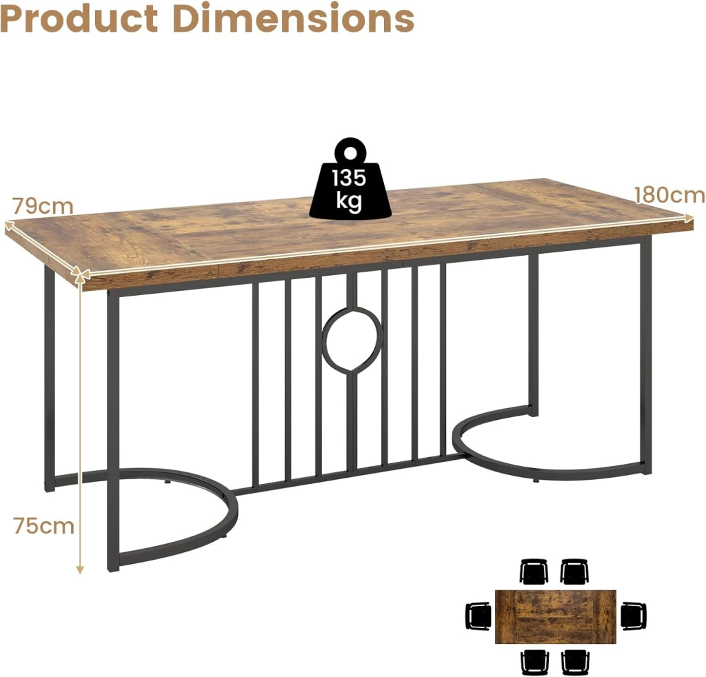Tavolo da Pranzo da 180 cm per 6-8 Persone, Tavolo Rettangolare con Piano in Stile Legno, Struttura Geometrica in Metallo Robusta, Grande Tavolo da Fattoria per Cucina ed Ufficio