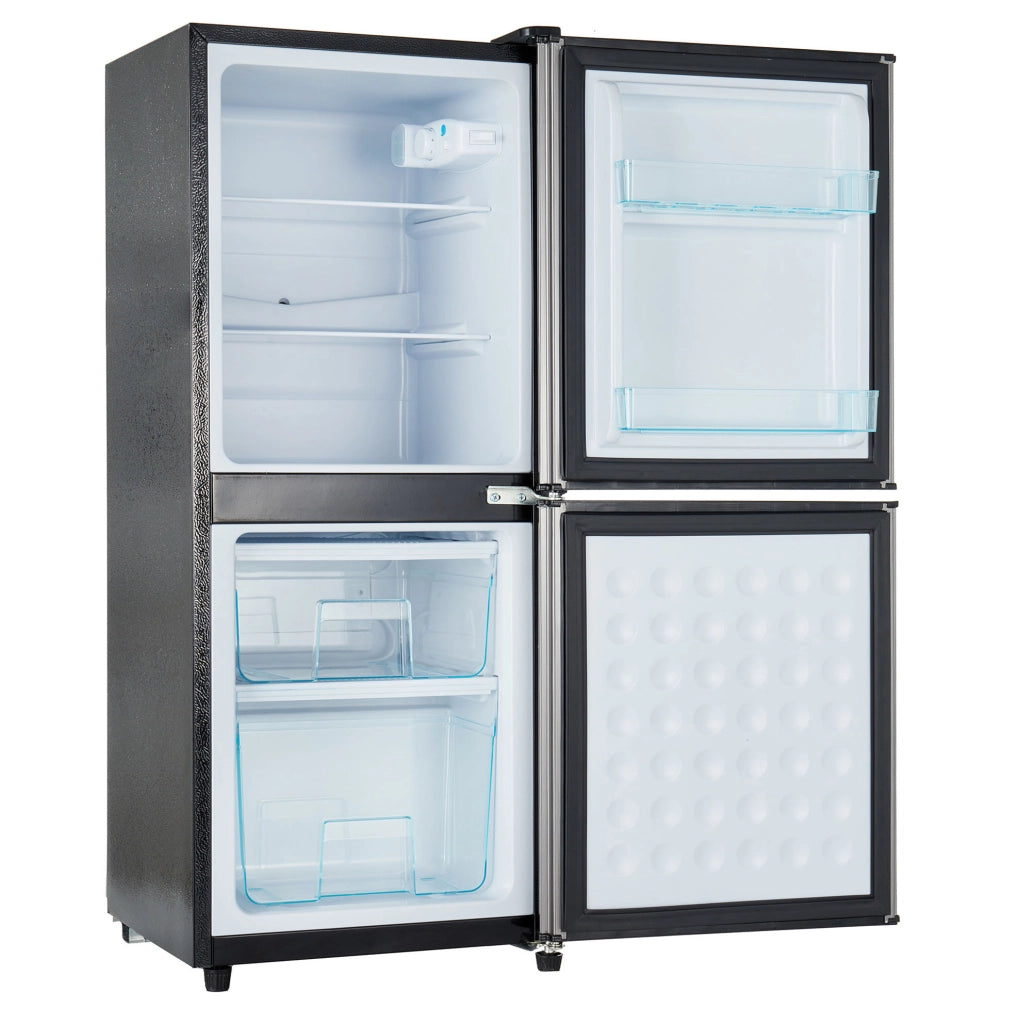 Frigorifero doppia porta 106 L con congelatore 46 L; nero e argento; acciaio inox