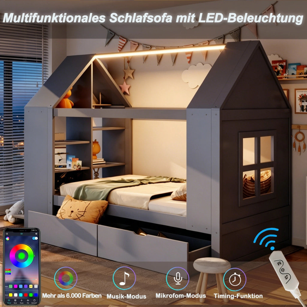 LETTO a casetta 90x200 cm in legno grigio con 2 cassetti e LED