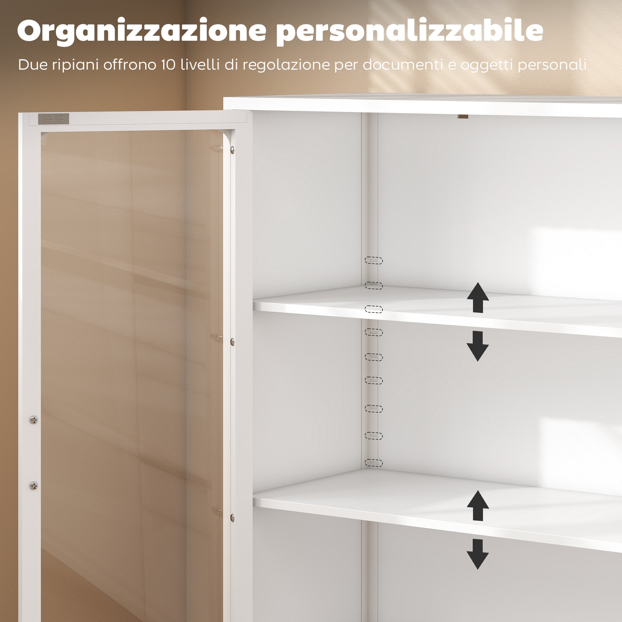 Mobile Portadocumenti 80x40x110 cm con 2 Ante in Vetro e Ripiani Regolabili in Acciaio Bianco