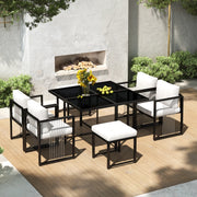 Set da pranzo da esterno 7 pezzi con tavolo quadrato 117x117 cm; vetro temperato nero; bianco e nero