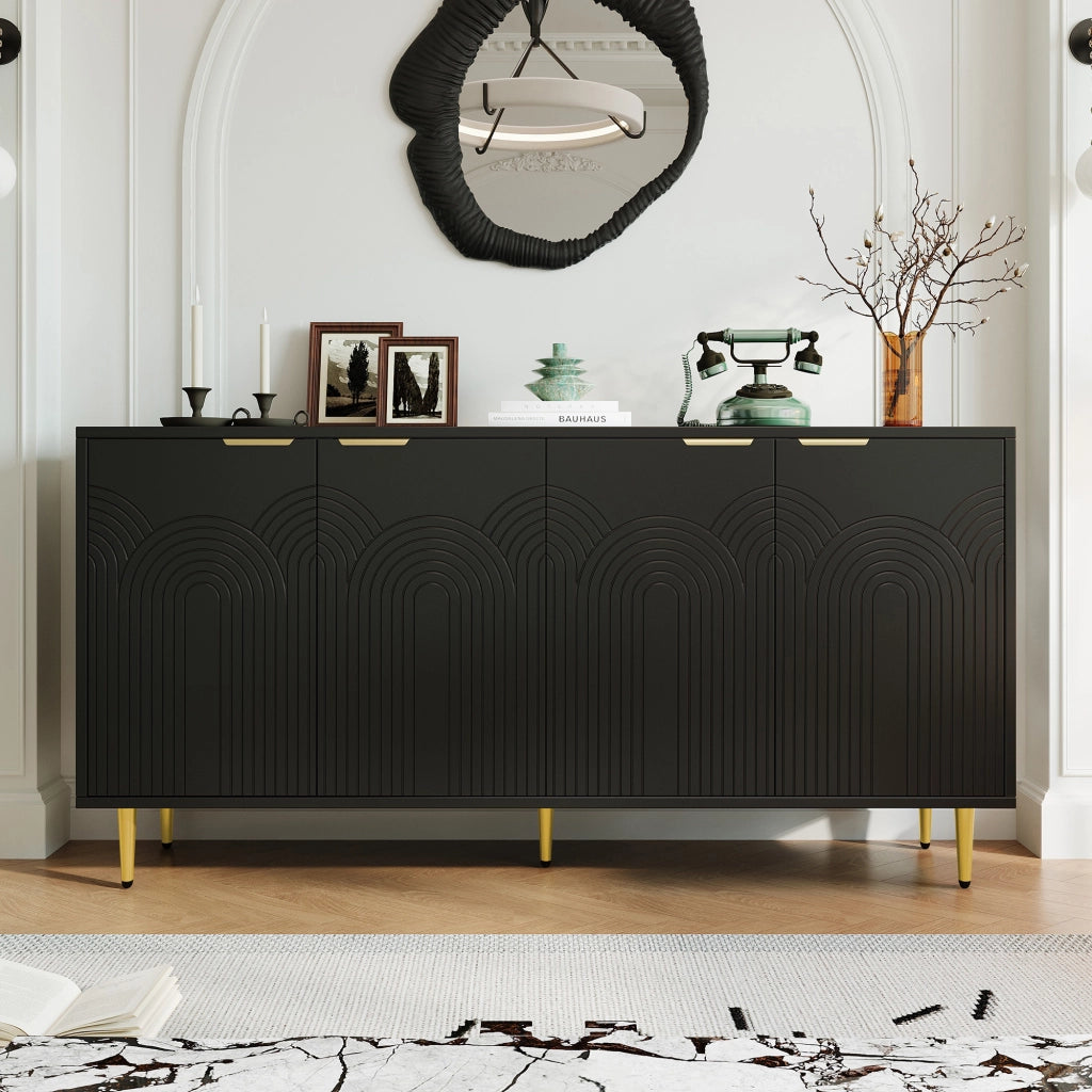 Credenza con 4 ante e ripiani regolabili; chiusura soft-close - per soggiorno - 160x40x80 cm - in MDF e truciolare - nero