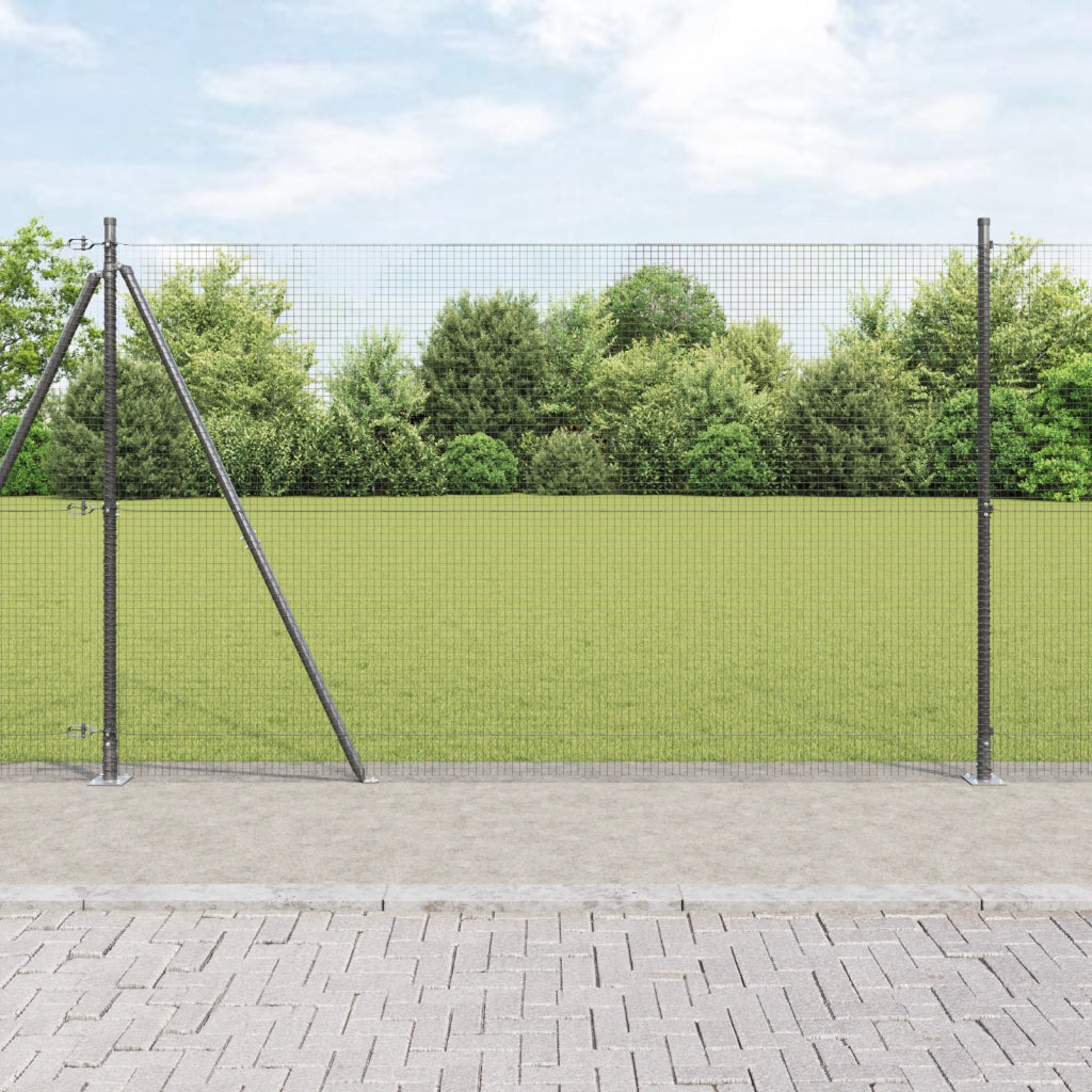Recinzione in Filo Saldato con 7 Pali Flangiati Grigio 1,5x10 m Acciaio
