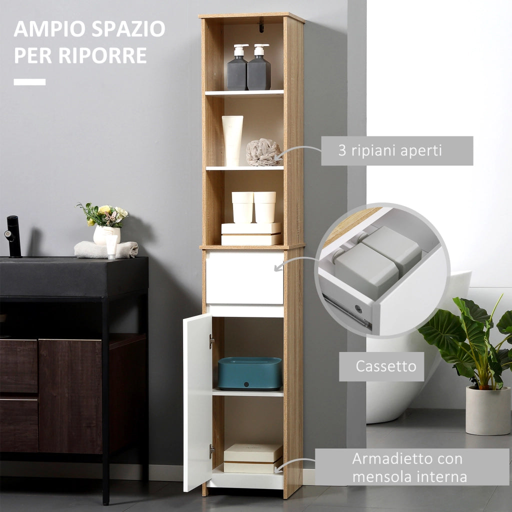 Mobiletto Bagno Salvaspazio a Colonna con Ripiani, Armadietto e Cassetto ¨C Minimal ¨C Bianco, Legno, 32.6x30x171.2cm
