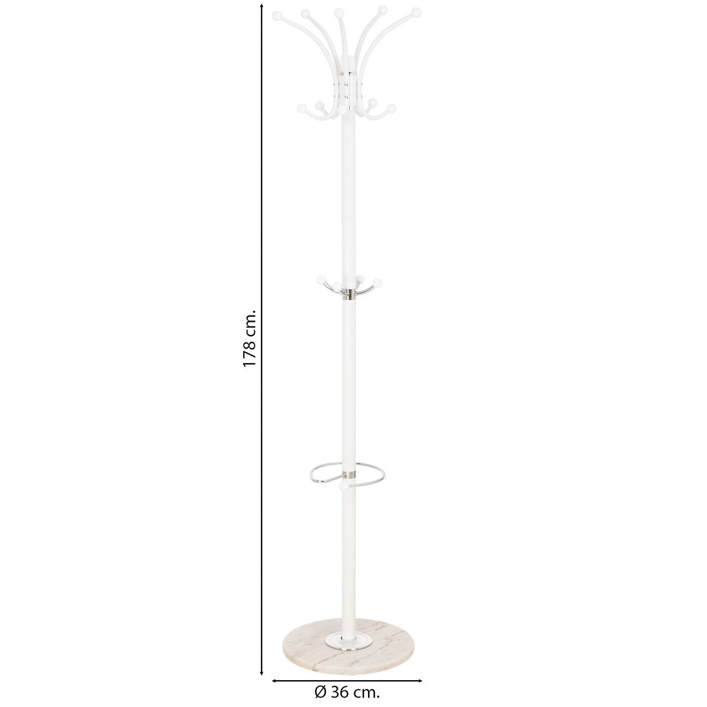 Perchero de metal blanco con paraguero y 5 ganchos D36x178h cm