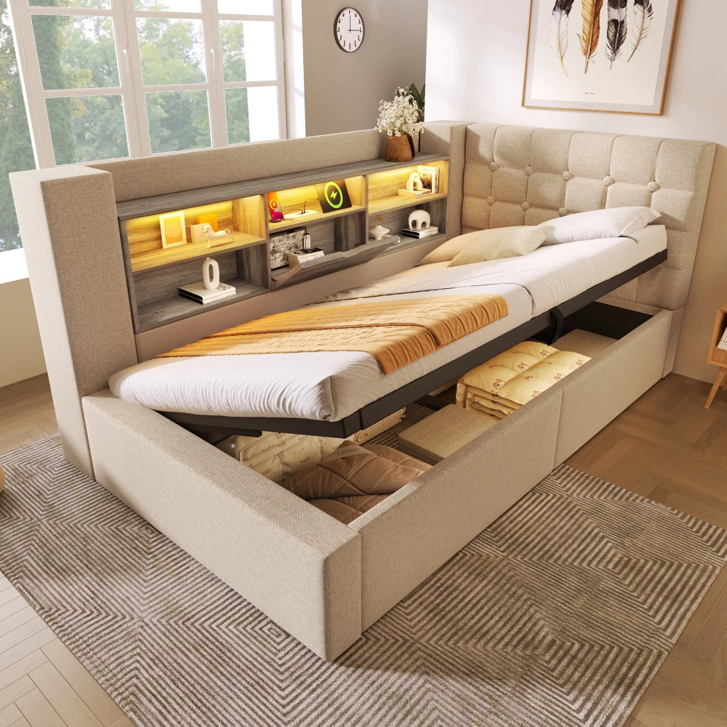 LETTO 90x190 cm con LED e contenitore idraulico, lino beige