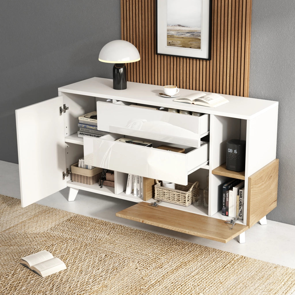 Credenza Moderna Bianco Lucido e Legno Madia 130 cm con 2 Cassetti e Ante Stile Scandinavo