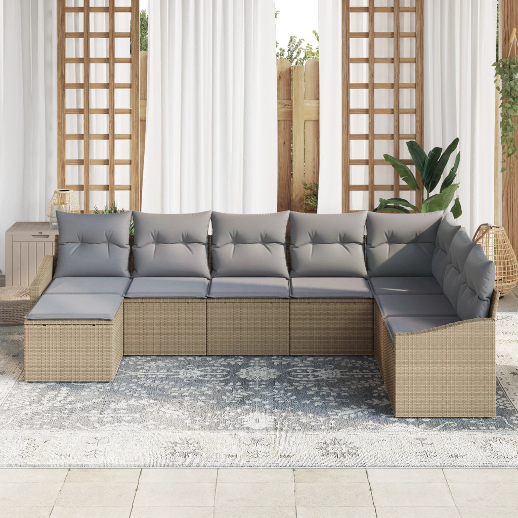 Set da Pranzo da Giardino 8 Pezzi con Cuscini Beige Polyrattan
