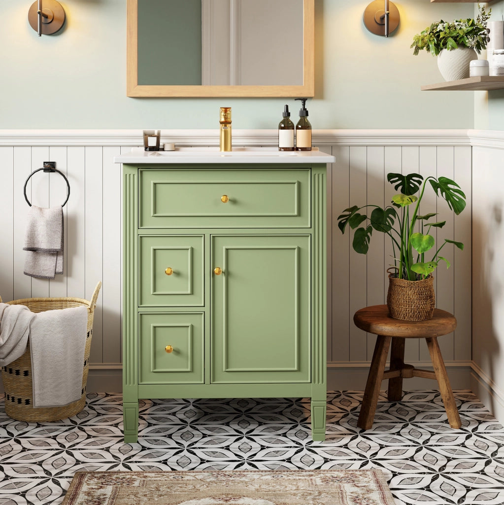 Mobile bagno freestanding 61 cm in MDF e ceramica; verde lucido; con lavabo e 2 cassetti