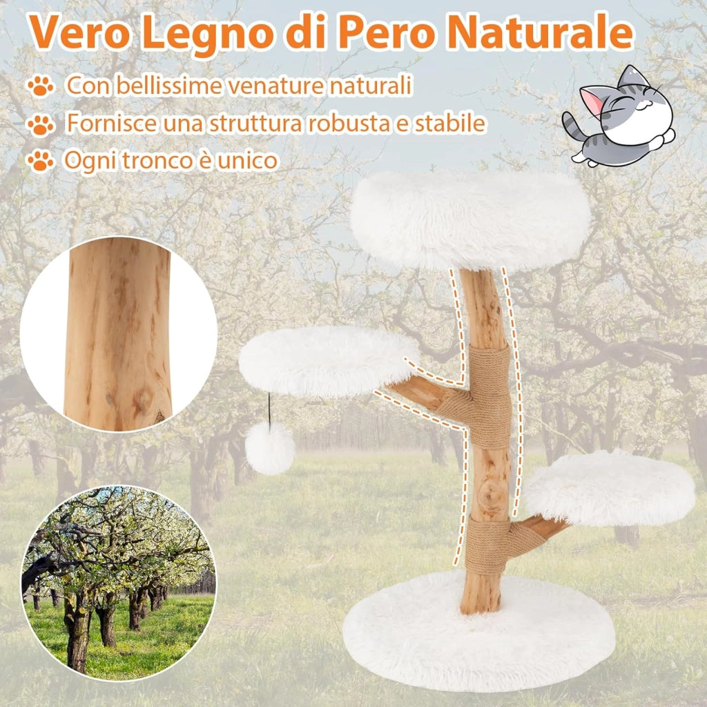 Albero per Gatti 90 cm, Torre per Gatti in Legno con Piattaforma in Tessuto in Pile Lungo, Tiragraffi in Juta e Pallina Pendente, Cuccia per Animali Domestici (Bianco)
