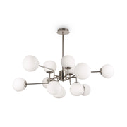 Lampadario Sospensione Erich In Metallo Nichel 12 Luci E Diffusori Bianchi