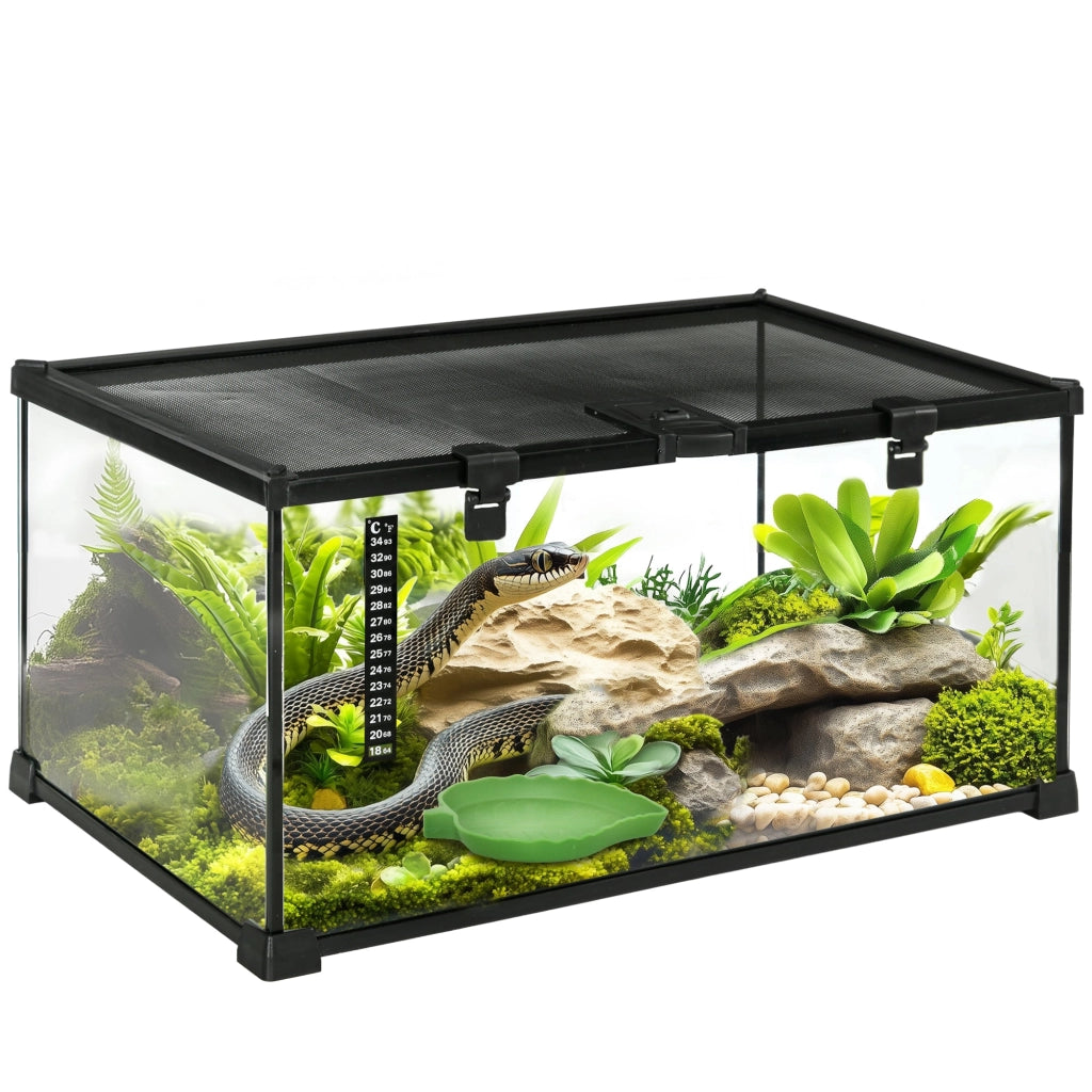 Terrario per Rettili Rialzato 50x30x25 cm con Serratura e Termometro in Vetro e Rete Metallica Nero