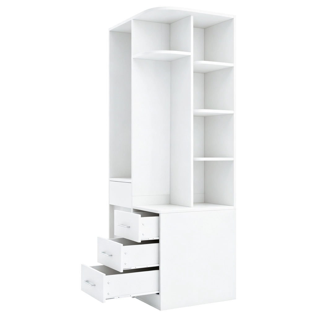 Scaffale autoportante con ripiani aperti, vani chiusi e barra appendiabiti per camera da letto in MDF bianco 70 × 55 × 175 cm