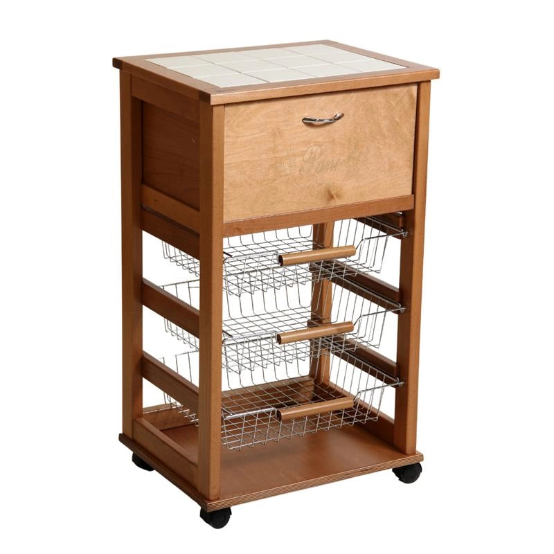 CARRELLO VESUVIO PORTAPANE ROVERE IN FAGGIO BASE INFERIORE MULTISTRATO DI BETULLA 1 CASSETTO 3 CESTELLI PIANO MATTONELLE IN CERAMICA